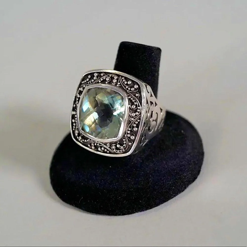 LOIS HILL Green Amethyst Square Cut Faceted Sterling Silver Cigar Band Ring Sz 8 - Picture 8 of 8